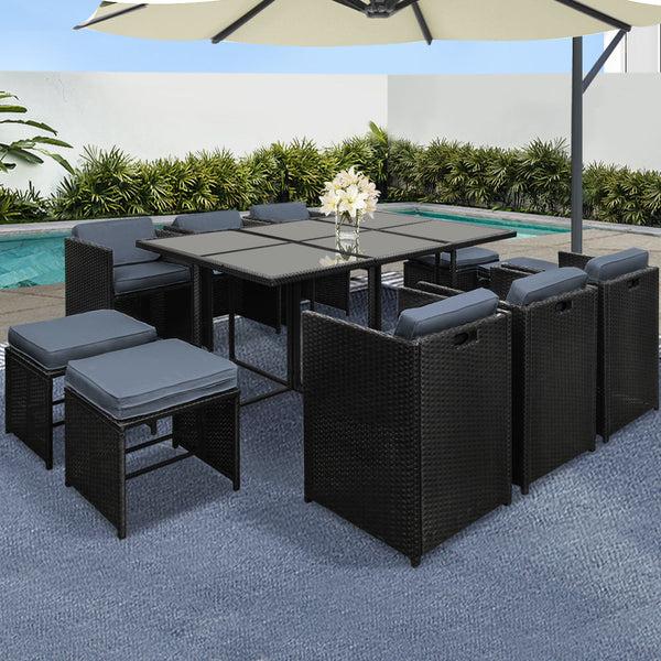 Gardeon Outdoor Dining Set 11 Piece Wicker Table Chairs Setting Black Outdoor Dining Sets
