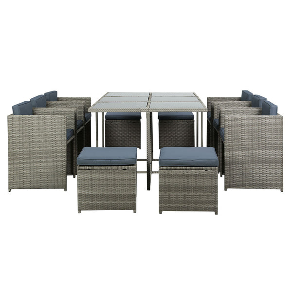 Gardeon Outdoor Dining Set 11 Piece Wicker Table Chairs Setting Grey Outdoor Dining Sets