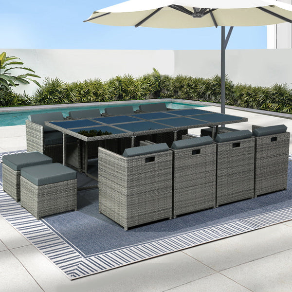 Gardeon Outdoor Dining Set 13 Piece Wicker Table Chairs Setting Grey Outdoor Dining Sets