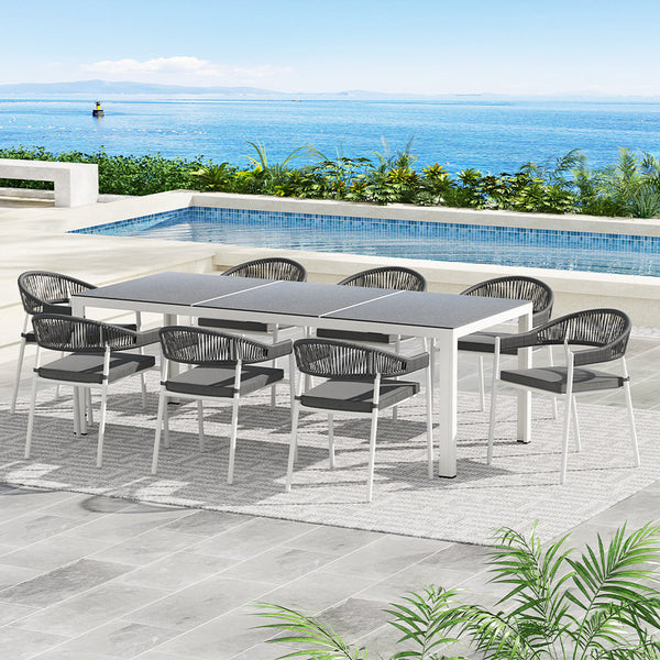 Gardeon Outdoor Dining Set 9 Piece Steel Table Chairs Setting White Outdoor Dining Sets