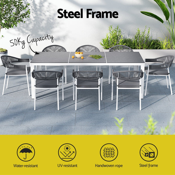 Gardeon Outdoor Dining Set 9 Piece Steel Table Chairs Setting White Outdoor Dining Sets