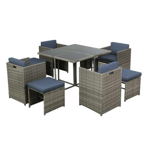 Gardeon Outdoor Dining Set 9 Piece Wicker Table Chairs Setting Grey Outdoor Dining Sets