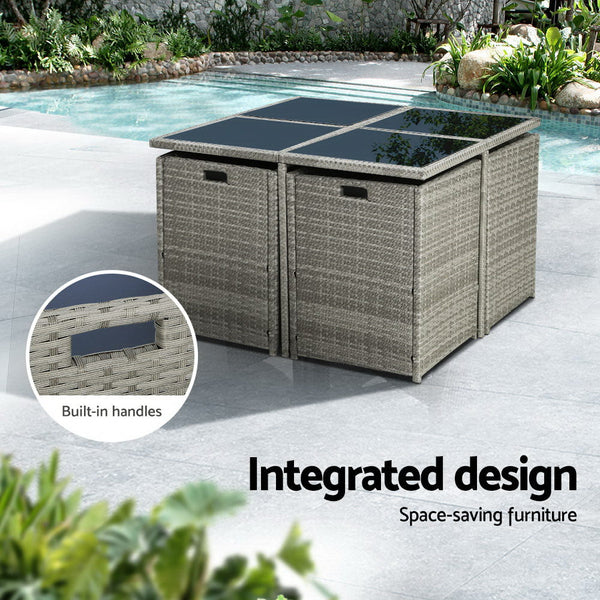 Gardeon Outdoor Dining Set 9 Piece Wicker Table Chairs Setting Grey Outdoor Dining Sets