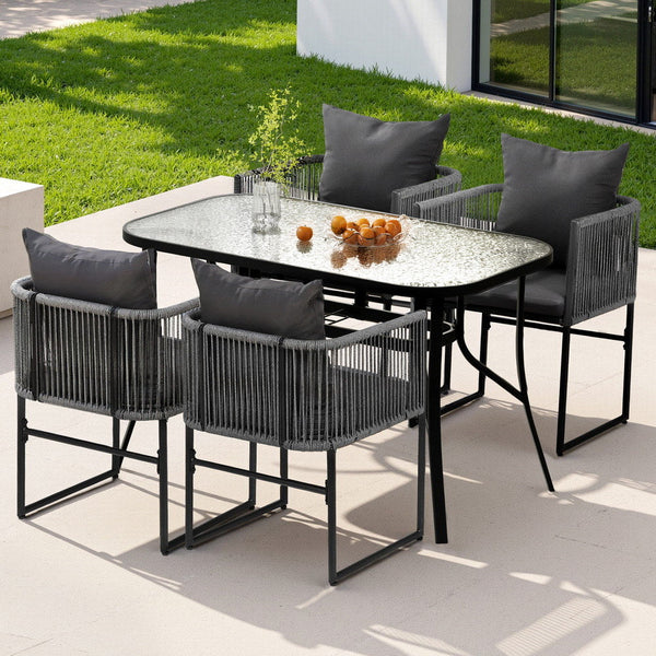 Gardeon 5Pcs Outdoor Dining Set Table And Chairs Rope Patio Furniture Garden Black Outdoor Dining Sets