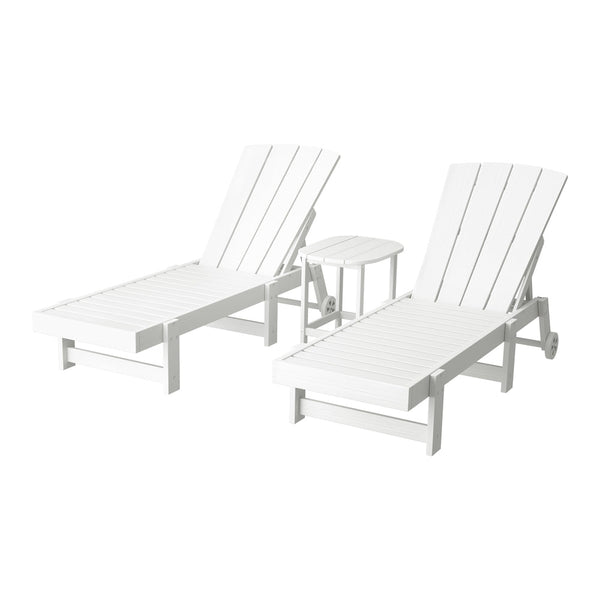 Gardeon 3 Piece White Hdpe Outdoor Lounger Set With Side Table Loungers