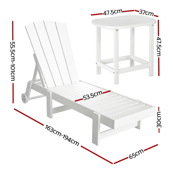 Gardeon 3 Piece White Hdpe Outdoor Lounger Set With Side Table Loungers