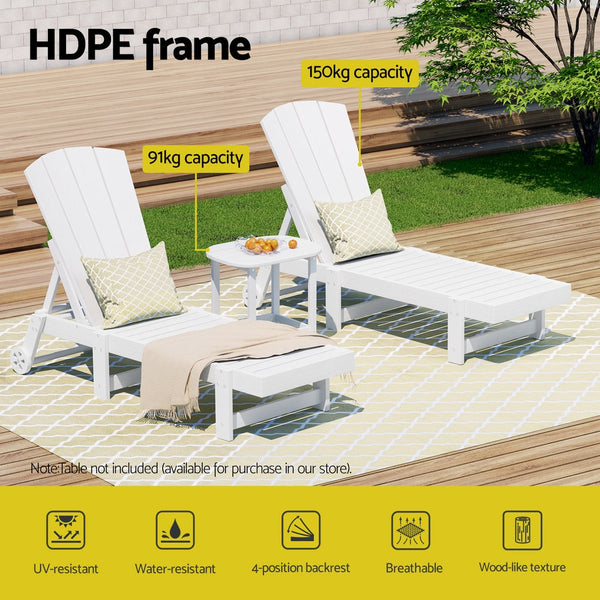 Gardeon 3 Piece White Hdpe Outdoor Lounger Set With Side Table Loungers