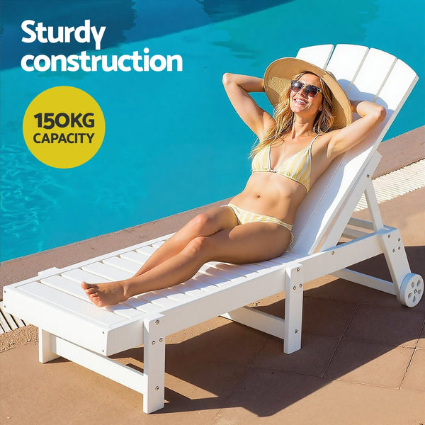 Gardeon 3 Piece White Hdpe Outdoor Lounger Set With Side Table Loungers