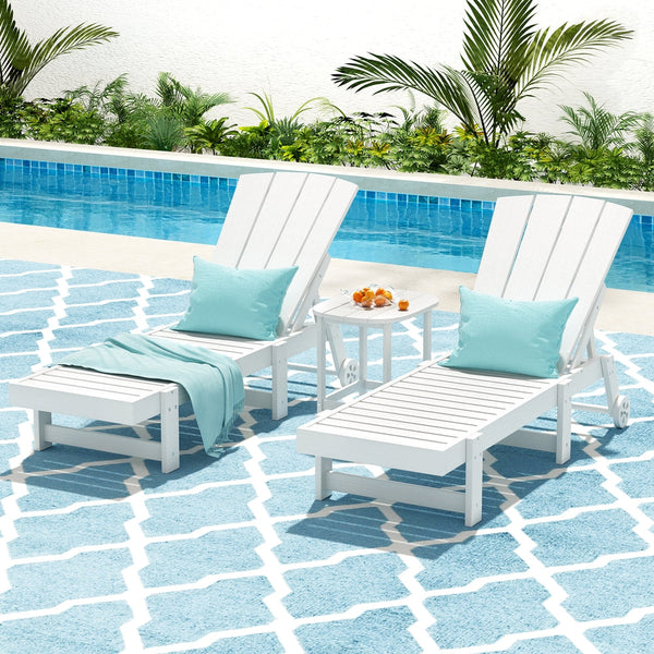 Gardeon 3 Piece White Hdpe Outdoor Lounger Set With Side Table Loungers