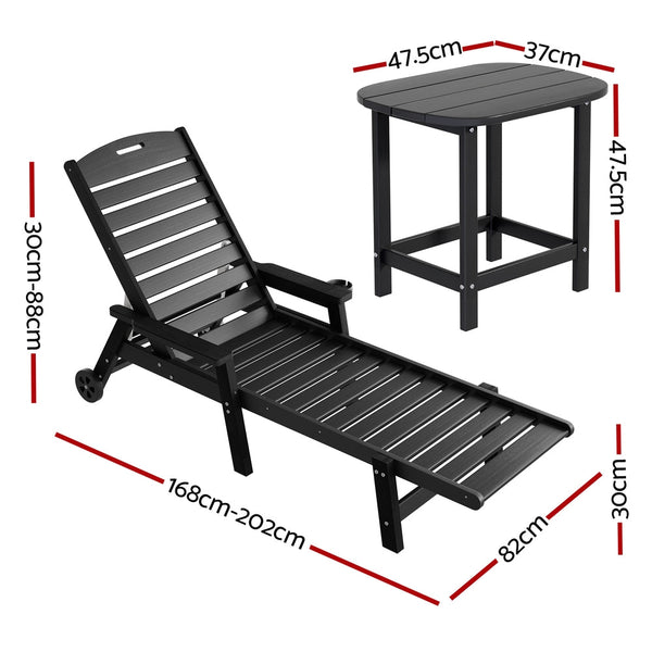 Gardeon Sun Lounge Lounger Beach Chair Hdpe Patio Outdoor Furniture With Wheels Black Loungers