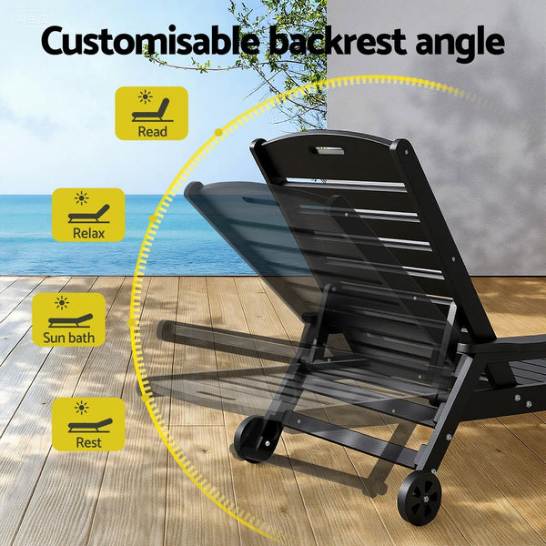 Gardeon Sun Lounge Lounger Beach Chair Hdpe Patio Outdoor Furniture With Wheels Black Loungers