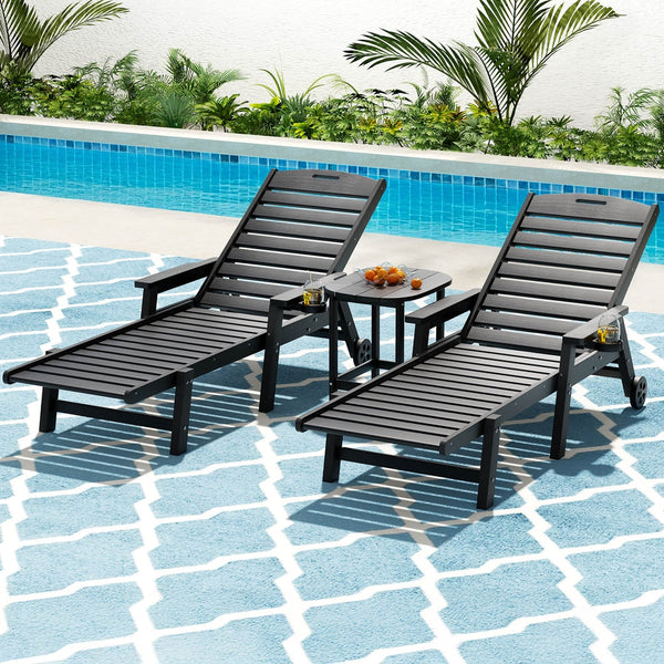 Gardeon Sun Lounge Lounger Beach Chair Hdpe Patio Outdoor Furniture With Wheels Black Loungers