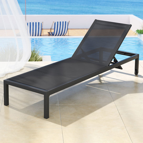 Gardeon Sun Lounge Outdoor Lounger Aluminium Folding Beach Chair Wheels Black Loungers
