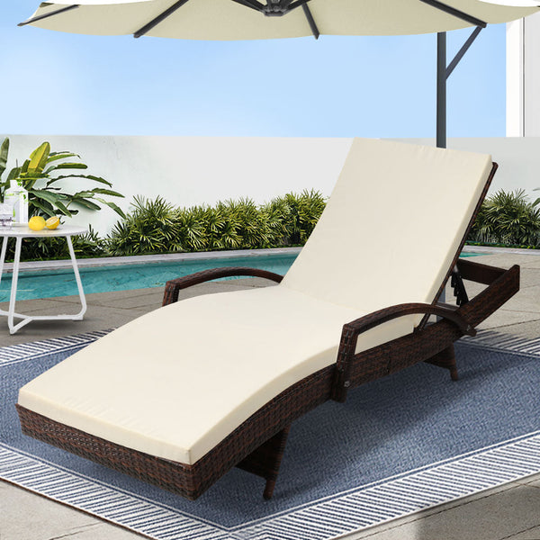 Gardeon Sun Lounge Wicker Lounger Outdoor Furniture Beach Chair Patio Adjustable Cushion Brown Loungers