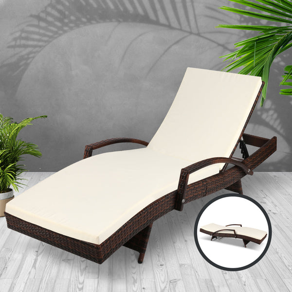 Gardeon Sun Lounge Wicker Lounger Outdoor Furniture Beach Chair Patio Adjustable Cushion Brown Loungers