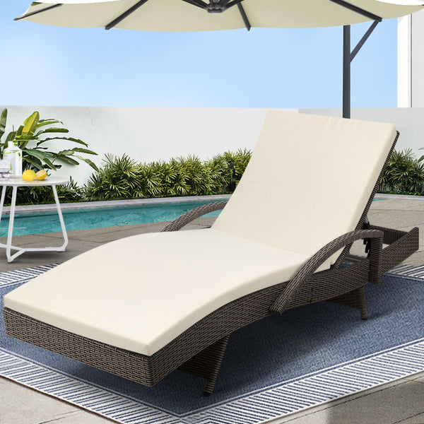 Gardeon Sun Lounge Wicker Lounger Outdoor Furniture Beach Chair Patio Adjustable Cushion Grey&Beige Loungers