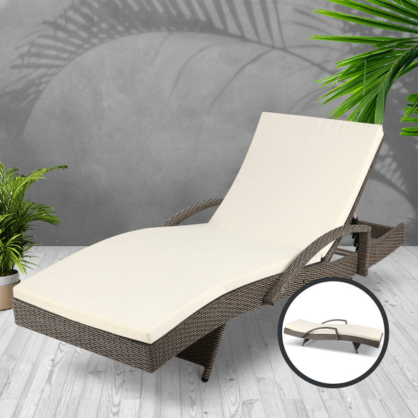 Gardeon Sun Lounge Wicker Lounger Outdoor Furniture Beach Chair Patio Adjustable Cushion Grey&Beige Loungers