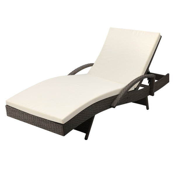 Gardeon Sun Lounge Wicker Lounger Outdoor Furniture Beach Chair Patio Adjustable Cushion Grey&Beige Loungers