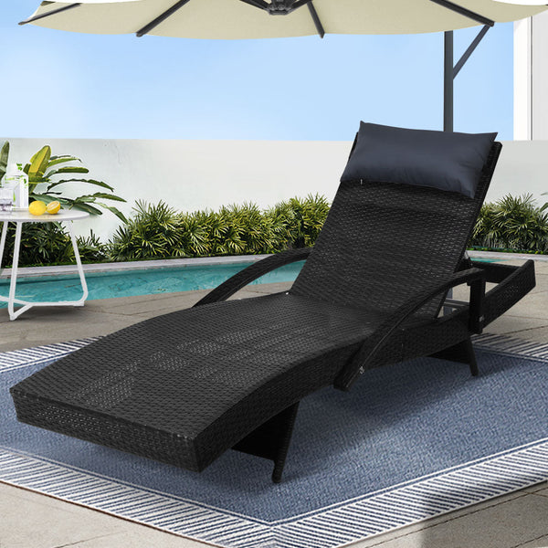 Gardeon Sun Lounge Wicker Lounger Outdoor Furniture Beach Chair Armrest Adjustable Black Loungers