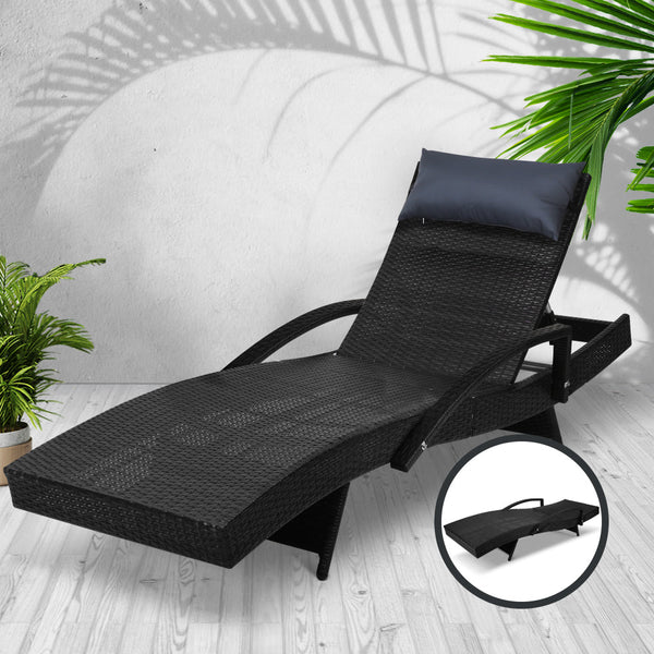 Gardeon Sun Lounge Wicker Lounger Outdoor Furniture Beach Chair Armrest Adjustable Black Loungers