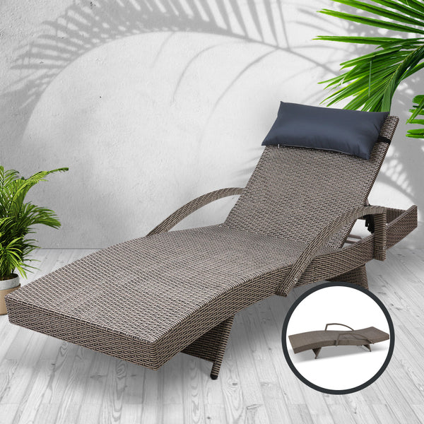Gardeon Sun Lounge Wicker Lounger Outdoor Furniture Beach Armchair Adjustable Grey&Beige Loungers