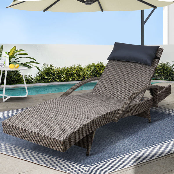 Gardeon Sun Lounge Wicker Lounger Outdoor Furniture Beach Armchair Adjustable Grey&Beige Loungers