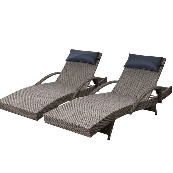 Gardeon 2X Sun Lounge Wicker Lounger Outdoor Furniture Beach Armchair Adjustable Grey&Beige Loungers