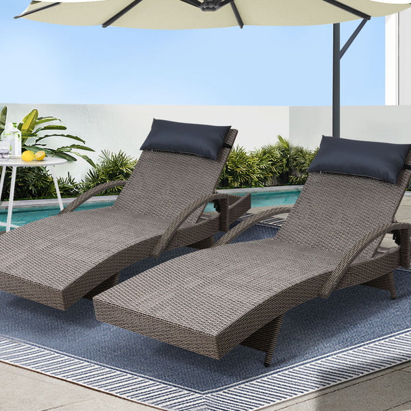 Gardeon 2X Sun Lounge Wicker Lounger Outdoor Furniture Beach Armchair Adjustable Grey&Beige Loungers