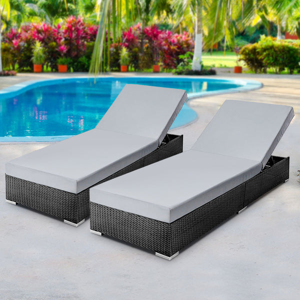 Gardeon 2Pc Sun Lounge Wicker Lounger Outdoor Furniture Day Bed Adjustable Rattan Garden Loungers