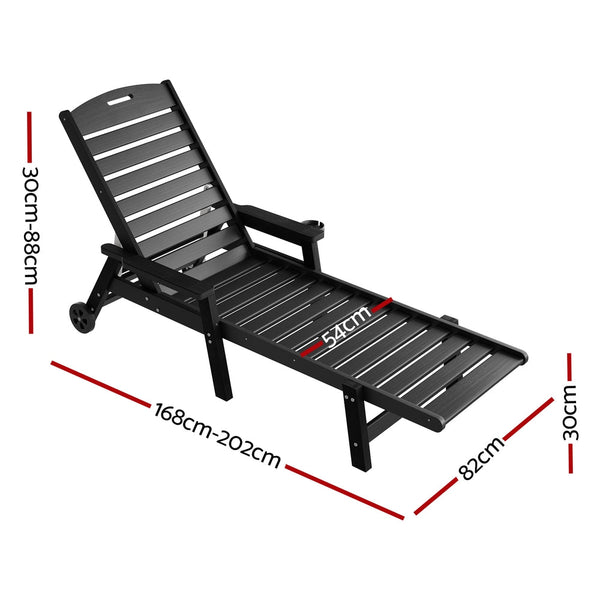 Gardeon Sun Lounge Lounger Beach Chair Hdpe Patio Outdoor Furniture With Wheels Black Loungers