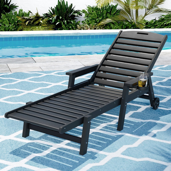 Gardeon Sun Lounge Lounger Beach Chair Hdpe Patio Outdoor Furniture With Wheels Black Loungers