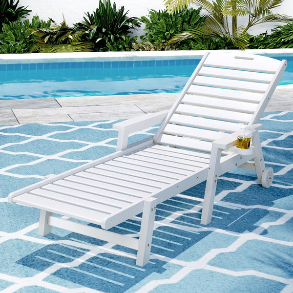 Gardeon Sun Lounge Lounger Beach Chair Hdpe Patio Outdoor Furniture With Wheels White Loungers