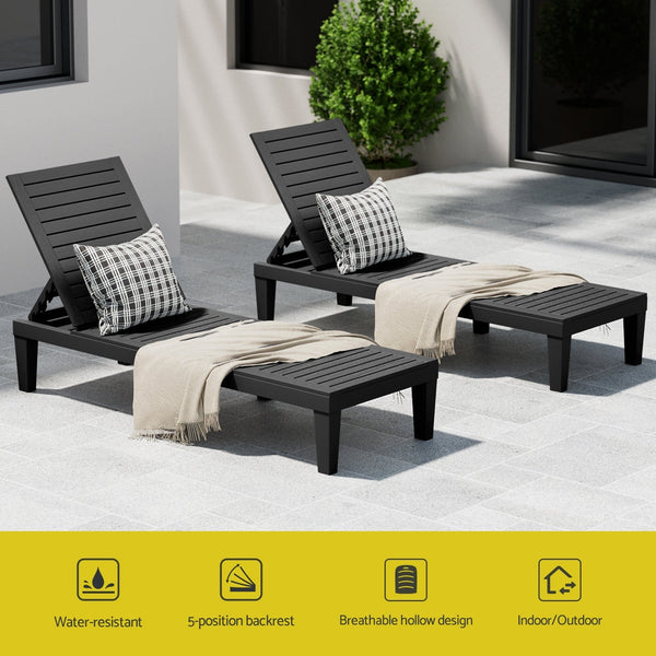 Gardeon Sun Lounge Adjustable Recliner Patio Outdoor Furniture Lightweight Black Loungers