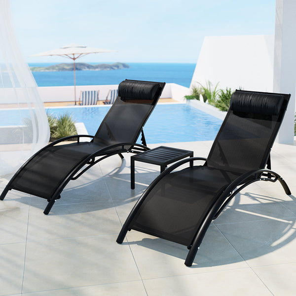 Gardeon 3Pc Sun Lounge Outdoor Lounger Steel Table Chairs Patio Furniture Garden Loungers