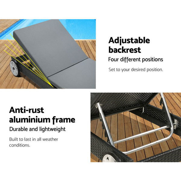 Gardeon Sun Lounge Wicker Lounger Outdoor Furniture Day Bed Wheels Patio Black Loungers