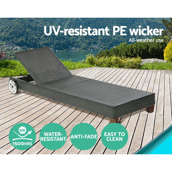 Gardeon Sun Lounge Wicker Lounger Outdoor Furniture Day Bed Wheels Patio Black Loungers