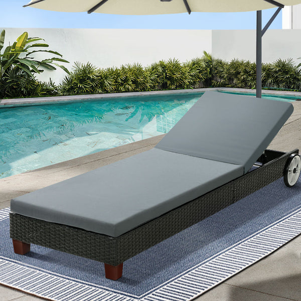 Gardeon Sun Lounge Wicker Lounger Outdoor Furniture Day Bed Wheels Patio Black Loungers