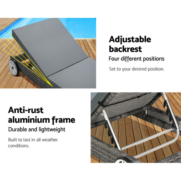 Gardeon Sun Lounge Wicker Lounger Outdoor Furniture Day Bed Wheels Patio Grey Loungers