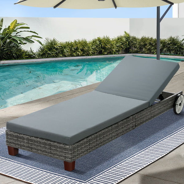 Gardeon Sun Lounge Wicker Lounger Outdoor Furniture Day Bed Wheels Patio Grey Loungers