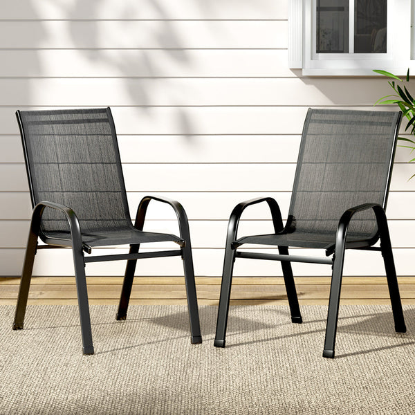 Gardeon 2Pc Outdoor Stackable Lounge Patio Furniture Black Dining Chairs