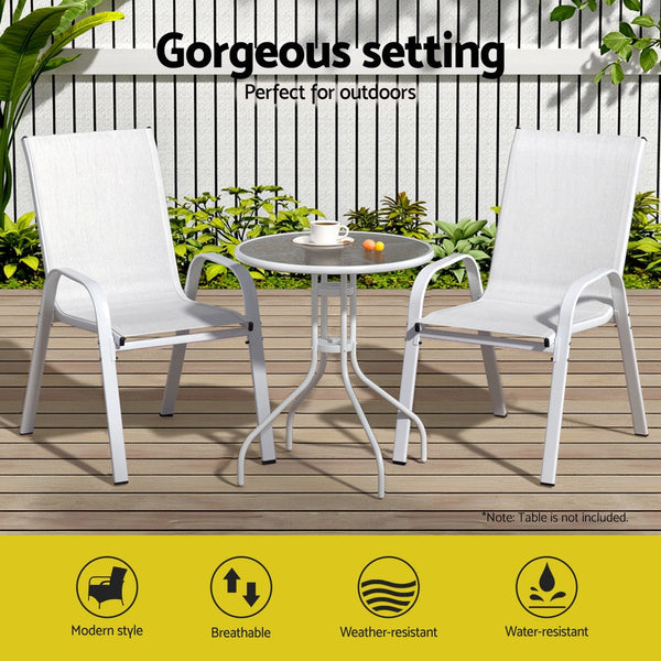 Gardeon 2Pc Outdoor Stackable Lounge Patio Furniture White Dining Chairs