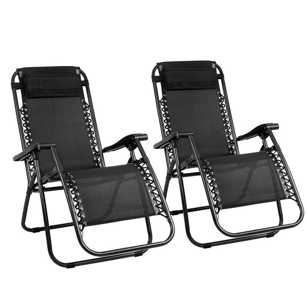 Gardeon 2Pc Zero Gravity Chair Folding Outdoor Recliner Adjustable Sun Lounge Camping Black Chairs