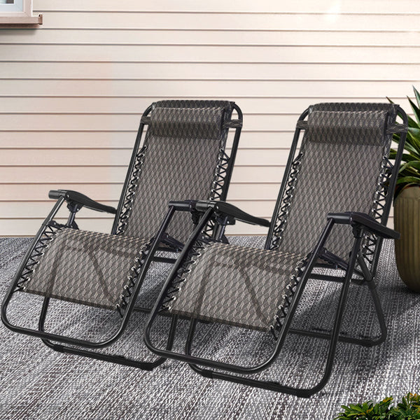Gardeon 2Pc Zero Gravity Chair Folding Outdoor Recliner Adjustable Sun Lounge Camping Grey Chairs