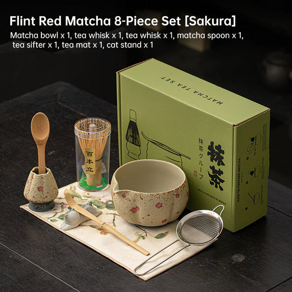 2 8Pcs Japanese Flint Red Matcha Set: Bamboo Whisk Bowl Box Exquisite Tea Tools Gift Teapots