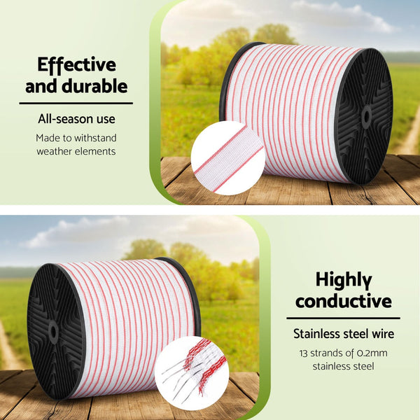 Giantz Electric Fence Tape Polytape 400M Wire Red White Electric Fencing