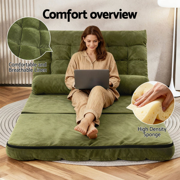 Steel Frame Faux Linen Fabric Lounge Sofa Bed Adjustable Floor Furniture Green Sofas Armchairs & Couches
