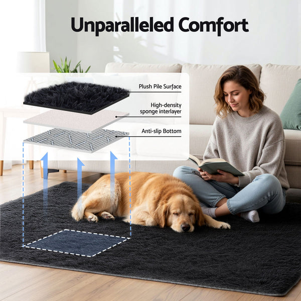 Artiss Floor Rug 140X200cm Plush Area Shaggy Living Room Bedroom Carpet Black Rugs