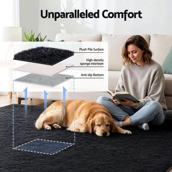 Artiss Floor Rug 200X290cm Plush Area Shaggy Living Room Bedroom Carpet Black Rugs