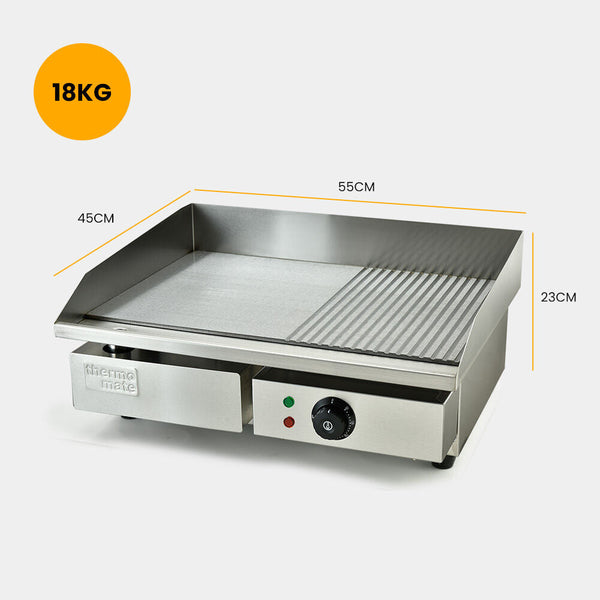 Thermomate Commercial Electric Griddle 2400W 55X35cm Half Ribbed Surface Grills & Griddles