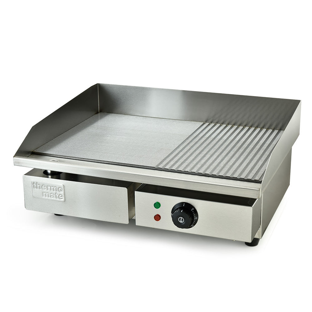 Thermomate Commercial Electric Griddle 2400W 55X35cm Half Ribbed Surface Grills & Griddles